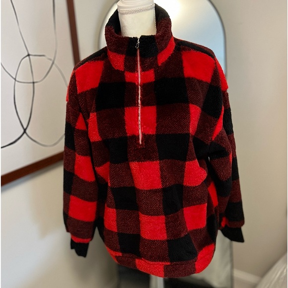 New! Loft Women’s Sherpa Quarter Zip Red and Black Buffalo Plaid Sweatshirt - Picture 9 of 15